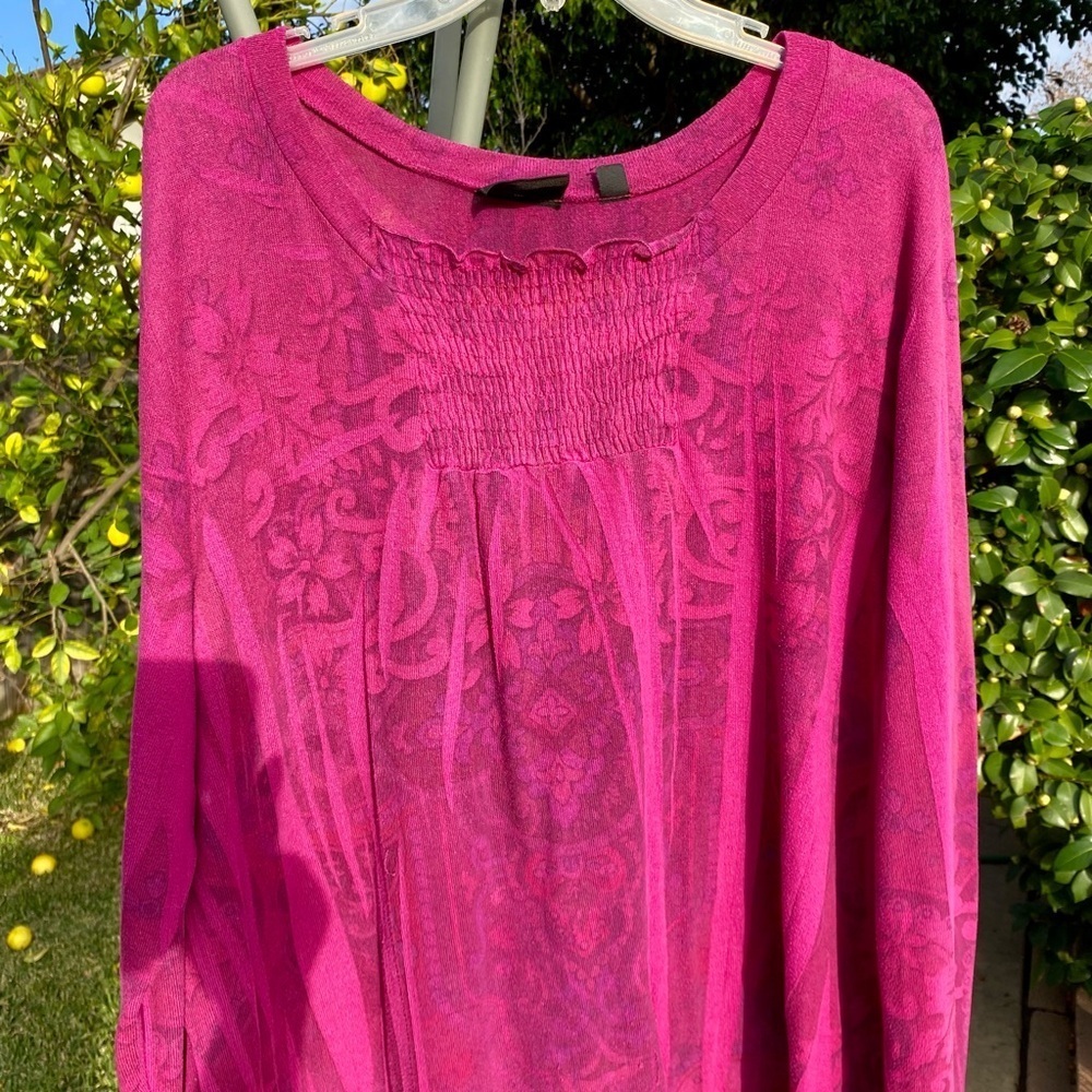 AVENUE MAGENTA SMOCKED BOHO PEASANT TOP LONG SLEEVE XL  1X  PLUS FRIENDLY FIT